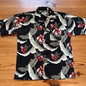 Foliage black green floral linen blend short sleeve button up mens shirt SIZE M